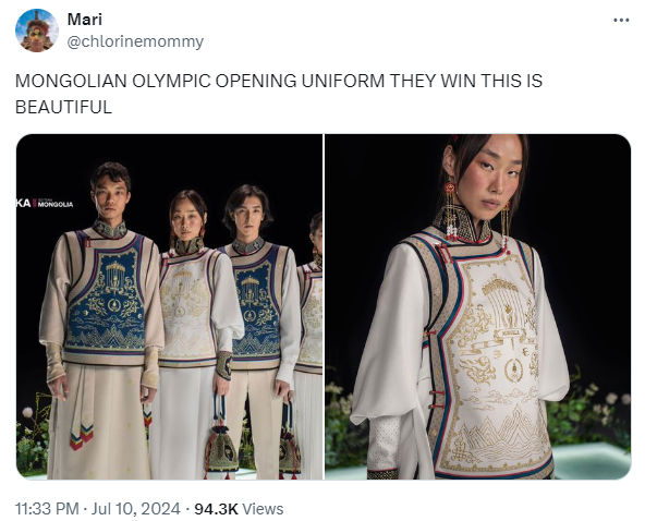 X post about Mongolia's Olympic's uniform for 2024