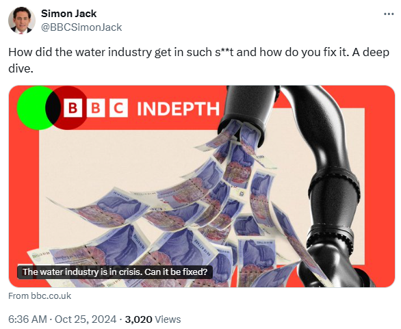 X post about BBC Indepth on water pollution